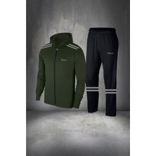 Poseidon Storm Büyük Beden Erkek Haki Supra Penye Kumaş Fermuarlı Kapüşonlu Cepli Koşu Takımı (4xl- 10XL)