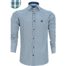Varetta Erkek Lacivert-Yeşil Slim Fit Kareli Uzun Kollu Gömlek