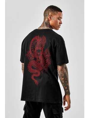 Trendseninle Unisex Oversize Dragon Baskılı Siyah T-Shirt