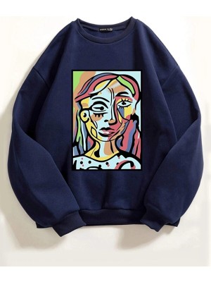 Trendseninle Kadın Lacivert Abstract Figure Baskılı Oversize Sweatshirt