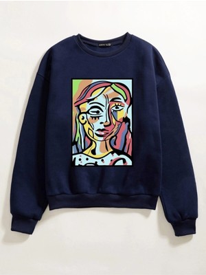 Trendseninle Kadın Lacivert Abstract Figure Baskılı Oversize Sweatshirt