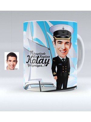 BK Kişiye Özel Bay Gemi Kaptanı Karikatürlü Beyaz Kupa Bardak - 1