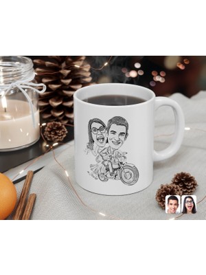 BK Kişiye Özel Karakalem Gelin Damat Karikatürlü Beyaz Kupa Bardak-1