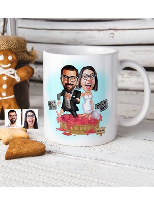 BK Kişiye Özel Gelin Damat Karikatür Beyaz Kupa Bardak - 10