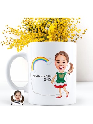 BK Kişiye Özel Kız Öğrenci Karikatürlü Beyaz Kupa Bardak - 2