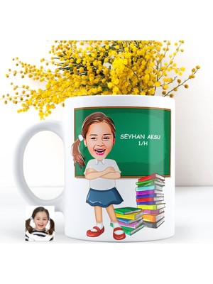 BK Kişiye Özel Kız Öğrenci Karikatürlü Beyaz Kupa Bardak - 4