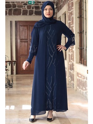 Fahima Irmak Lacivert Abiye Elbise 100% İthal Fransız Şifon ve Sandy Kumaş Özel Detaylarla