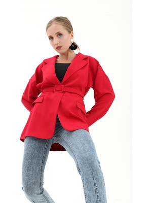 Vapur Düşük Omuz Kemerli Atlas Kumaş Blazer Ceket - Kırmızı