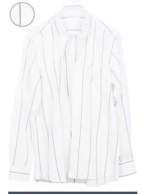 Varetta Erkek Beyaz - Lacivert Çizgili Uzun Kol Düğmeli Yaka Klasik Kesim Gömlek