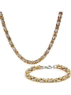 Trend Collection Erkek Gold-Gümüş Çelik 6 mm Kral Model Kolye Bileklik Set