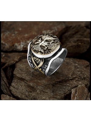 Takıfest Zülfikar Kılıcı Motifli Üzeri Çift Başlı Kartal Gümüş Yüzük