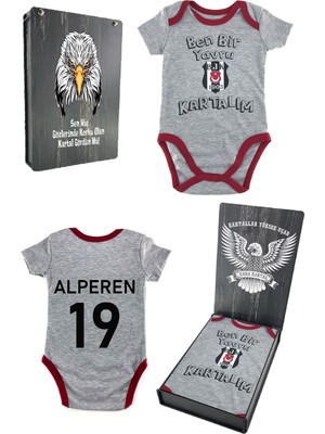Beşiktaş Kişiye Özel Zıbın & Body Kartal Baskılı Hediyelik  Ahşap Kutulu