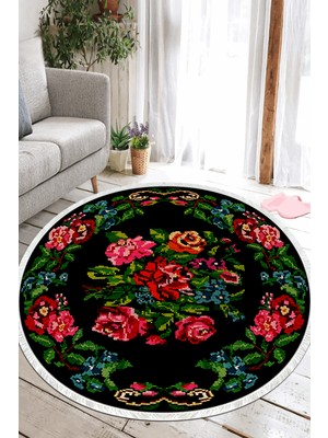 Napoli Home Çiçekli Dijital Baskılı Kaymaz Yıkanabilir Yuvarlak Salon Halısı ve Mutfak Halısı NHY-HY-1440
