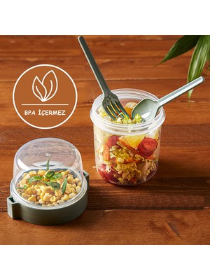 KaktüsKedi Kapaklı Kaşık ve Çatallı Yemek Taşıma ve Saklama Kabı YEŞİL