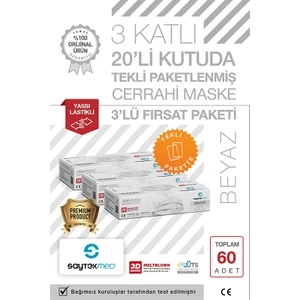 Saytekmed Tek Tek Steril Paketli, Meltblown Filtreli, 3 Katlı Beyaz Maske (3 Kutu/60 Adet)