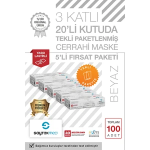 Saytekmed Tek Tek Steril Paketli, Meltblown Filtreli, 3 Katlı Beyaz Maske (5 Kutu/100 Adet)