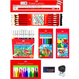 Mercanlı Kurşun Kalem Kırmızı Kalem ve 12’li Kuru Sulu Keçeli Pastel Boya