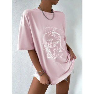 Kadın Çizgili Figür Oversize T-Shirt