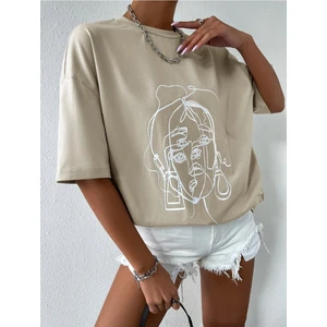 Kadın Çizgili Figür Oversize T-Shirt