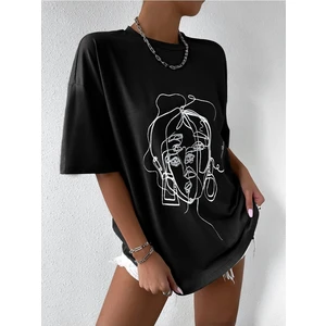 Kadın Çizgili Figür Oversize T-Shirt
