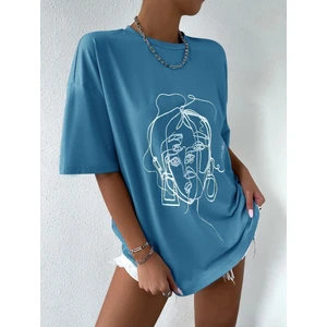 Kadın Çizgili Figür Oversize T-Shirt