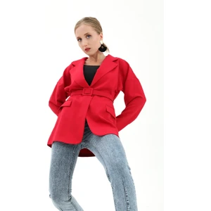 Düşük Omuz Kemerli Atlas Kumaş Blazer Ceket - Kırmızı
