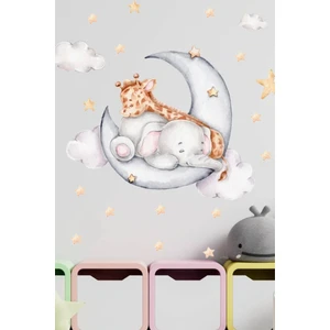 Ayda Uyuyan Zürafa ve Fil ,yıldız ve Bulutlu Sticker Seti Çocuk Bebek Odası Sticker
