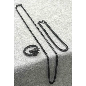 Trend Collection Ejderha Şekilli Ayarlanabilir Siyah Yüzük Küp Bileklik ve Kolye Set