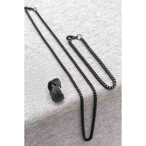 Trend Collection Yaprak Tüy Şekilli Ayarlanabilir Siyah Yüzük Küp Bileklik ve Kolye Set