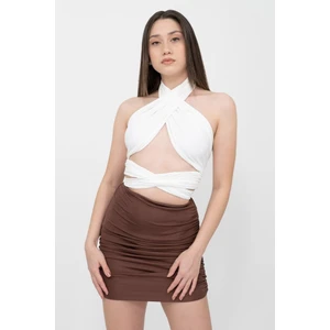 Kadın Beyaz Straplez Bağlamalı Büstiyer Dik Yaka Renkblok Tasarım Tek Bedende