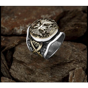 Zülfikar Kılıcı Motifli Üzeri Çift Başlı Kartal Gümüş Yüzük