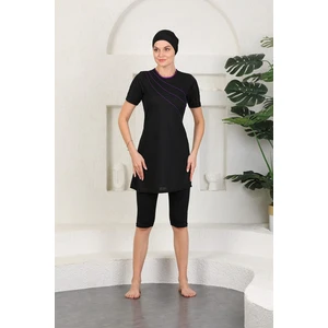 Giyim Deniz Mayo Likralı Çabuk Kuruyan Şeritli Yarı Kapalı Tesettür Mayo Siyah