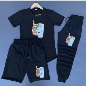 Amor Man Yeni Trend Bardak Tutan El Baskılı  Pamuk Kısa Kollu Yazlık 3lü Erkek Eşofman Takımı