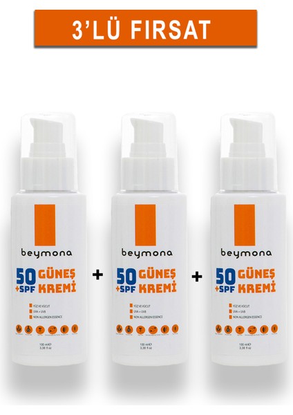 3'lü Avantajlı Fırsat Paketi 50SPF+ Çok Yüksek Koruyuculu Yüz ve Vücut Güneş Kremi 100ML