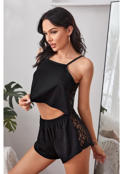 Kadın Siyah Şık Dantelli Şortlu Gecelik Takım modelleri
