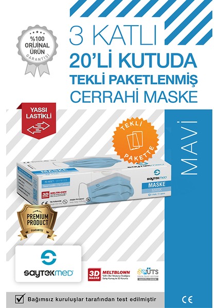 Tek Tek Steril Paketli, Meltblown Filtreli, 3 Katlı Mavi Maske (1 Kutu /20 Adet)