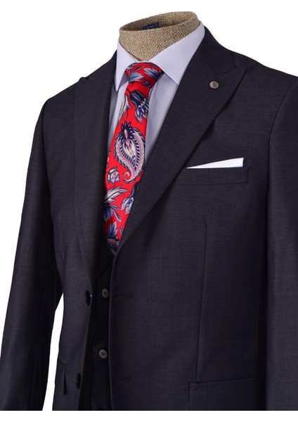 Düz Çift Düğme 6 Drop Yelekli Slim Fit Erkek Takım Elbise