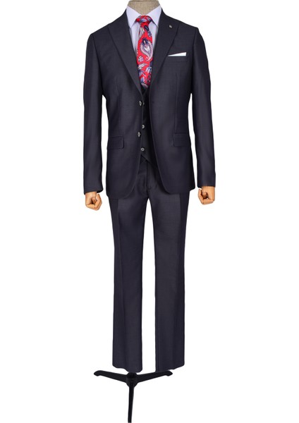 Düz Çift Düğme 6 Drop Yelekli Slim Fit Erkek Takım Elbise