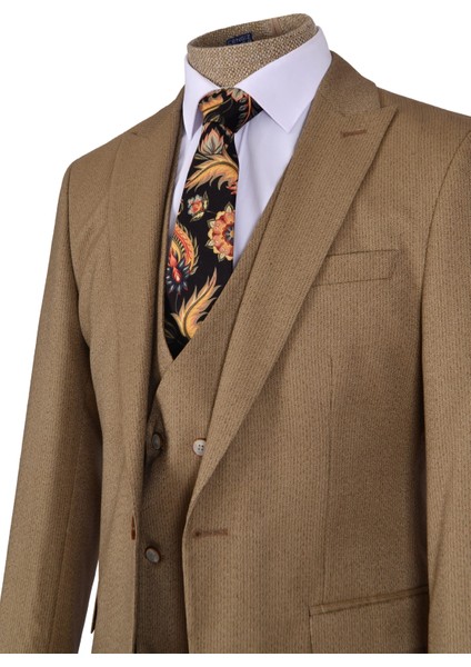Çizgili Kırçıl Desen Tek Düğme 6 Drop Yelekli Slim Fit Erkek Takım Elbise
