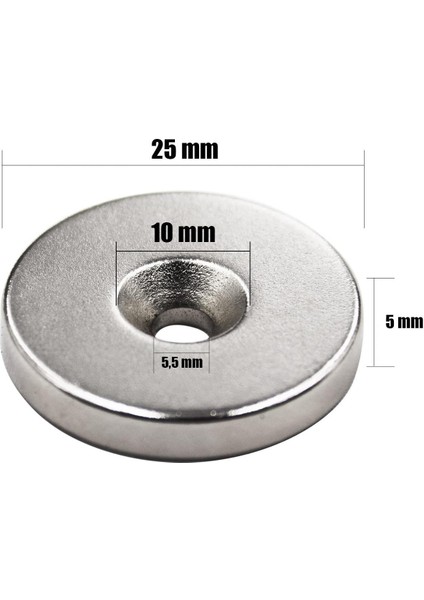 Neodyum Mıknatıs Havşa Delikli 25 x 10 - 5,5 x 5 mm (1 Adet)