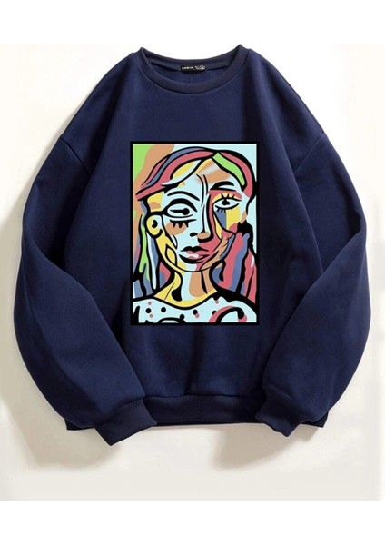 Kadın Lacivert Abstract Figure Baskılı Oversize Sweatshirt