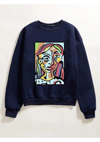 Kadın Lacivert Abstract Figure Baskılı Oversize Sweatshirt