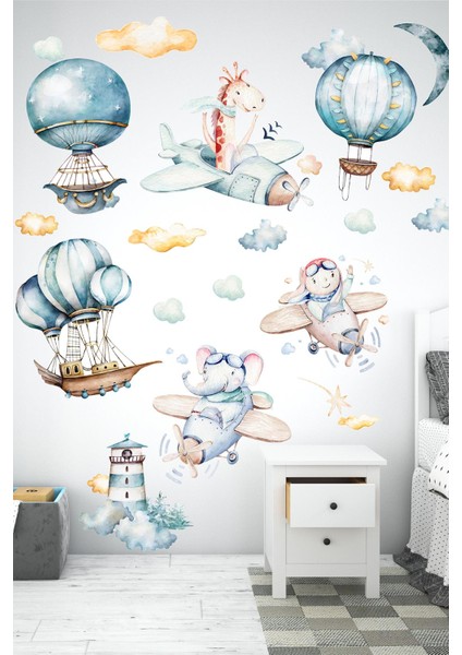 Sevimli Uçan Balonlar Bulutlar ve Hayvanlar Çocuk Bebek Odası Sticker Seti