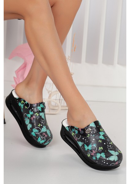 Yeşil Kelebek Temalı Siyah Taban Ortopedik Airmax Sabo Terlik Hemşire Terliği Ortopedik Terlik Hastane Terliği
