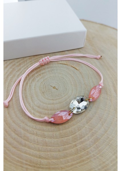 Pembe ve Beyaz Taşlı Ipli Bileklik