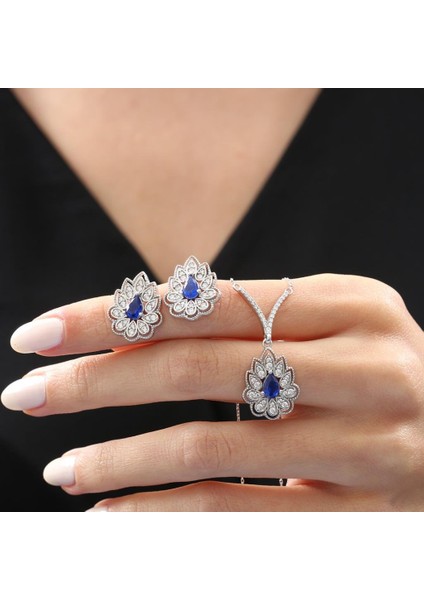 Pırlanta Montür Lotus Çiçeği Sentetik Safir Zarafet Mührü Gümüş Mini Set