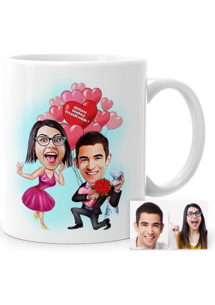 Kişiye Özel Benimle Evlenir Misin Karikatür Beyaz Kupa Bardak - 1