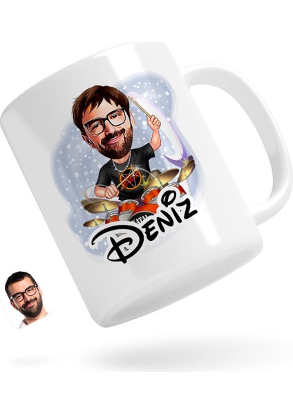 Kişiye Özel Erkek Baterist Karikatürlü Beyaz Kupa Bardak