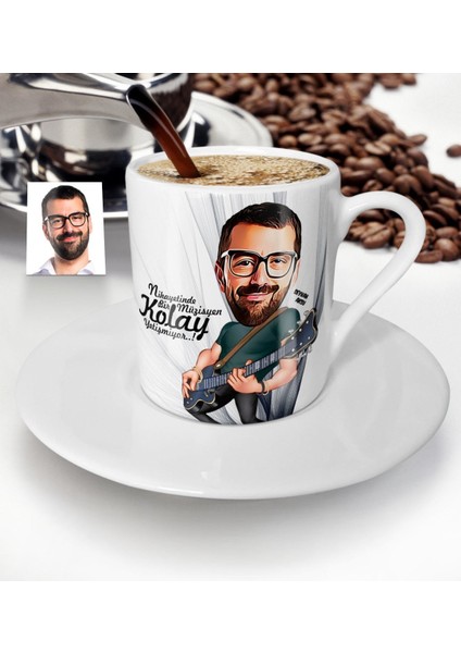 Kişiye Özel Bay Gitarist Karikatür Türk Kahvesi Fincanı - 1