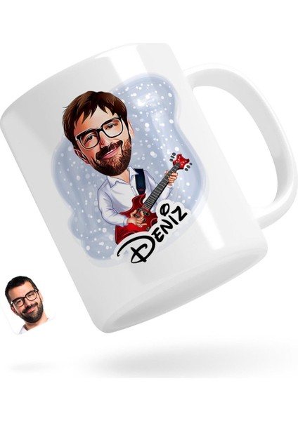 Kişiye Özel Erkek Gitarist Karikatürlü Beyaz Kupa Bardak-2